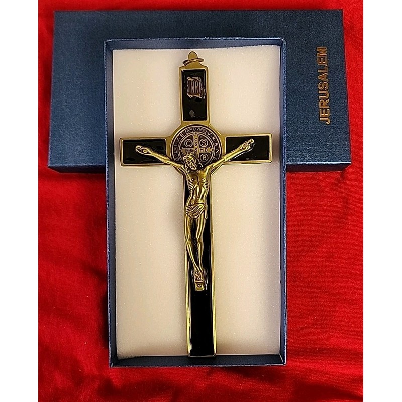 SAINT BENEDICT BLACK Enamel metal Golden Color Wall Cross Saint