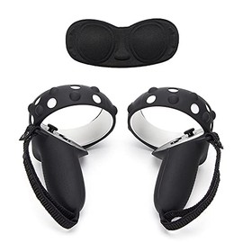 VR Controller Grips Cover with Anti-Throw Knuckle Strap + Lens Protector Cover for Quest 2 (Black)