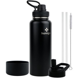 honogo 40 oz Double Wall Insulated Sports Water Bottle for Men, Women & Kids, 18/8 Stainless Steel Wide Mouth Thermos Flask with Straw Lid & Spout Lid, Leak Proof, Keep Hot and Cold (Black, 40 oz)