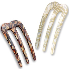 ENNSOO French Pin, Three-Tooth U-Shaped Hair Clips, French Pins for Thick Hair, Resin Hair Fork for Women, Hair Pins for Styling, 2 Pcs, Beige, Coffee