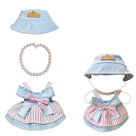 3-Piece Set – Clothes for 17cm Dolls and Plush Toys – Sweet Dress with Faux Pearl Necklace & Hat – Doll Accessories Only, No Doll Included (Blue)