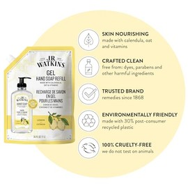 J.R. Watkins Gel Hand Soap Refill, Moisturizing Hand Wash, Formulated with Plant-Based Cleansers, Alcohol-Free, Cruelty-Free, Lemon, 34 Fl Oz, 2 Pack