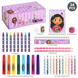 Gabby's Dollhouse Kids 34pc Colouring Art Stationery Set with Watercolour Felt Tip Pens Crayons and Pencils Travel Set for Children