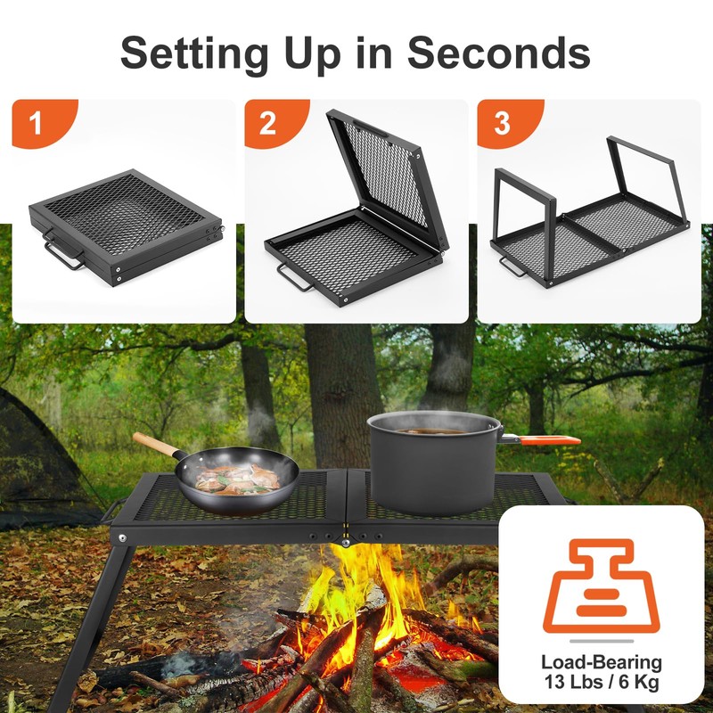 Odoland Folding Campfire Grill, Heavy Duty Steel Mesh Grate with