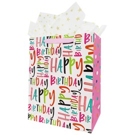 OFIHANLY 12.5" Medium Happy Birthday Gift Bag with Handles for Women,Paper Gift Bags for Her,Girls Kids Baby Shower Pink Paper Bag with Tissue Paper,1Pcs