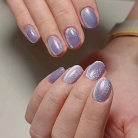 Purple Press on Nails Short Square Fake Nails Purple Chrome Acrylic Nails Shiny Cat Eye False Nails Glossy Gradient Artificial Nails Glue on Nails for Women Manicure Nails Decoration 24Pcs