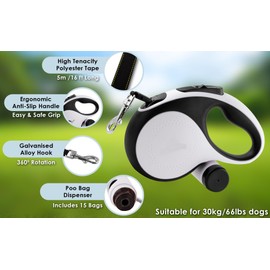 TRENDORA 360° Tangle-Free Retractable Dog Lead with Detachable Poo Bag Holder & 15 Poo Bags Included | Strong 5m Extendable Nylon Tape | Anti-Slip Handle | Dog Training Leash | for Dogs Up to 30kg
