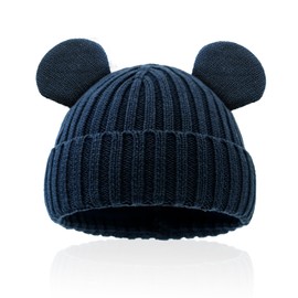 WATAME Baby Hats Cute Bear Ears Toddler Beanie Cotton Lined Newborn Beanie Girls Boys Warm Knitted Winter Hat (CA/US, Alpha, Small, Navy)