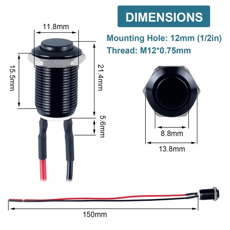 DMWD 5pcs 12mm Latching Push Button Switch Raised Head ON-Off