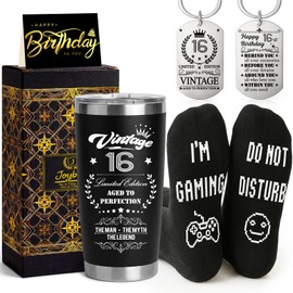 Joybble Gifts for Teen Boys, 16th Birthday Gifts for Boys, Birthday Box with 20oz Stainless Steel Travel Tumbler, Unusual Presents Gift Ideas for Him, Son Gift Set with Gaming Socks Keyring