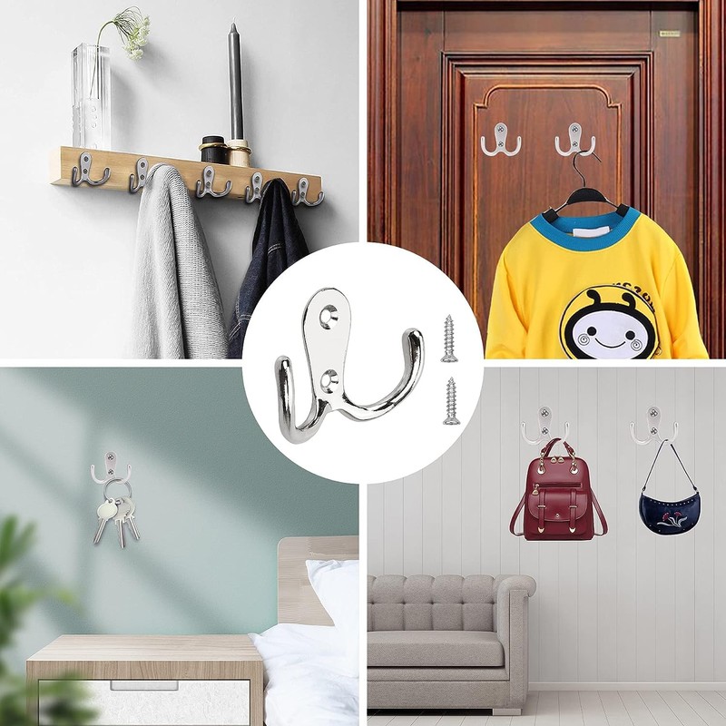 YSDMY Pack of 8 Coat Hooks, Silver, Double Wall Hooks,