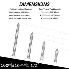 White Head 100 PCS #10x1-1/2(1.5 inch) Stainless Steel Phillips Pan Head Wood Screws,White Coated Screws Covers Head Wood Screws,Stainless Steel 18-8 A2(304) Screw,Home Screw Kit by QISHEN