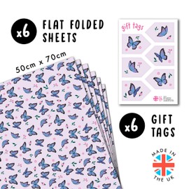 Butterfly Wrapping Paper for Her - 6 Sheets of Gift Wrap for Girls - for Women Sister Daughter - for Birthday Girl - for Female Friend - for Christening, Baby Shower
