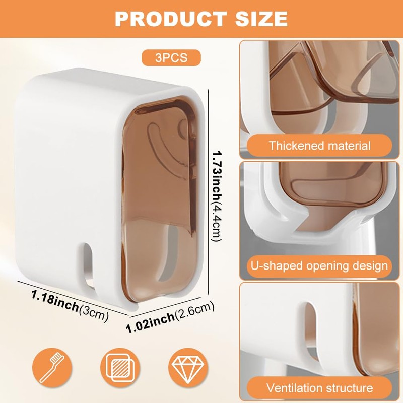 3‑Pack Wall‑Mount Toothbrush Holders with Flip‑Cover,No‑Drill Adhesive Single‑Slot Bathroom Organizer