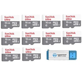 SanDisk Ultra SDSQUNS-016G-GN3MN 16GB (10 Pack) UHS-I Class 10 microSDHC Card Bundle with (1) Everything But Stromboli 3.0 SD/TF Micro Reader