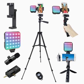 Litchitech Litchitech Vlogging Kit for iPhone, Vlogging Kit for Andriod Phone, Content Creator Essentials w/RotatableHolder/Lavalier Mic/RGB Light/Remote/Extendable Tripod (50IN Tripod)