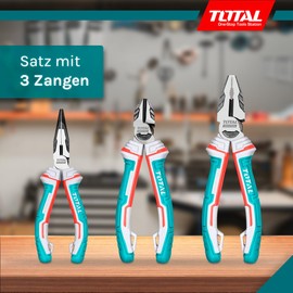 TOTAL Set of 3 Tool Pliers | Contains: 1 x 180mm Universal Pliers, 1 x 160mm Cutting Pliers and 1 x 160mm Flat Nose Pliers | Chrome Vanadium | Anti Fall Protection | Maintenance and Reform