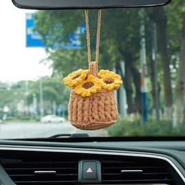 AuMoHall Cute Flower Car Pendant Crochet Potted Plants Car Rear View Mirror Hanging Ornament Handmade Knitted Flower Basket Car Interior Decoration Accessories, Sunflower