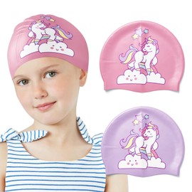 Swimming Cap, Comfortable Cartoon for Long Hair, Durable Swim Cap, Waterproof Kids Swimming Cap Swim Cap for Aged 2-8 Boys Girls Long and Short Hair (2pcs)