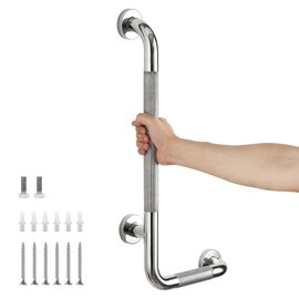 L-Shaped Grab Bars for Shower, 24x12 Inch Stainless Steel Grab Bars for Elderly for Wall Mount, Anti-Slip Knurled Grip Bathroom Safety Rail, Right