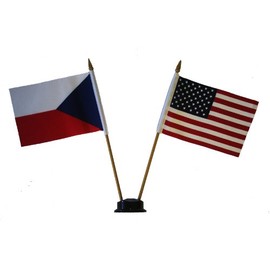 USA & CZECH REPUBLIC Small 4 X 6 Inch Mini Double Country Stick Flag Banner with BLACK STAND on a 10 Inch Plastic Pole New