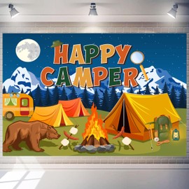 Atlastrip Happy Camper Outdoor Scene Backdrop, Mountain Camping Design with Tents and Campfire,Photography Background for Nighttime Mountain Camping-Themed Party Event (Blue, 7x5 ft)