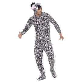 Smiffys Zebra Costume, Black & White All In One with Hood, Party Animals Fancy Dress, Animal Dress Up Costumes