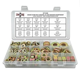 1/4-28", 5/16-24", & 3/8-24" FINE Thread Grade 8 Finished Hex Nuts, SAE Flat & Split Lock Washers Assortment - 351PCS!