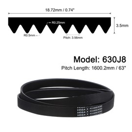 sourcing map 630J8 PJ V-Ribbed Belt 8 Ribs 63" Length x 0.74" Width x 0.14" Thick, EPDM Poly V Belt, Industrial Transmission Serpentine Belt