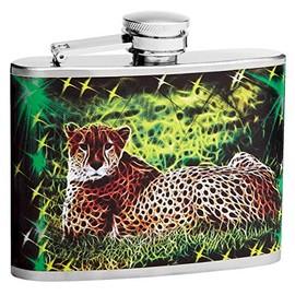 4oz Hip Flask - Trippy Mystical Leopard with Psychedelic Background Design - Pocket Size, Stainless Steel, Leak Proof, Screw-On Cap - Green, Yellow, Black, Brown and White Wrapped Vinyl Finish
