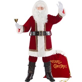 Boveco 10PCS Deluxe Christmas Santa Claus Costume Men Santa Suit Cosplay Adult Red Velvet Outfit Xmas Holiday Party 2XL