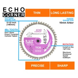 Echo Corner 5-1/2-Inch (10mm Arbor) Aluminium Cutting Circular Saw Blade, Fast Fine Cut Aluminium, Copper, Non-Ferrous Metal, Polycarbonate, Hardwood, Plywood, Drywall, MDF, Plastic