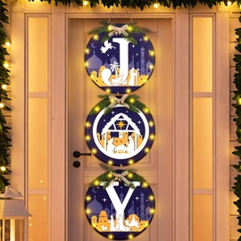 Blosssound 3 Pcs Christmas Joy Wreath for Front Door 11.8" Lighted Jesus Nativity Scene Door Sign Decoration Wooden Glitter Hanging Plaque with LED Lights for Xmas Wall Indoor Outdoor