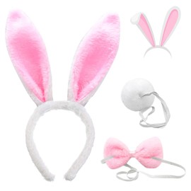 Rabbit Ears Headband Set, FUKPO Rabbit Ears Headband Plush Rabbit Ears Headband Hair Bands Bow Tie Tail, Rabbit Ears Headband Easter Bunny Costume Cosplay Party Children Adults (Pink White)