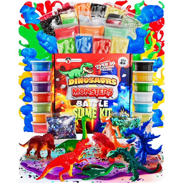 Original Stationery Dinosaur and Monsters Battle Slime Kit, Slime Pack with 14 Premade Slime for Boys, Dinosaur Toy Molds and Dinosaur Toys Figures