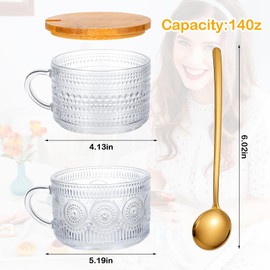 MAQUITA Vintage Coffee Mugs Set of 4 Embossed Tea Cups, Overnight Oats Containers with Bamboo Lids and Spoons, 14oz Glass Coffee Cups for Cappuccino, Latte, Cereal, Yogurt, Beverage, Clear