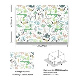 Safari Jungle Animals Raccoon Crocodile Flamingo Toucan Turtle Snake Fun Hide and Seek tropical leaves Rainforest Wrapping Paper, (4-Foled Flat Sheets, 1-Design: 20 x 28 inch Per Sheet,15 sq. ft.