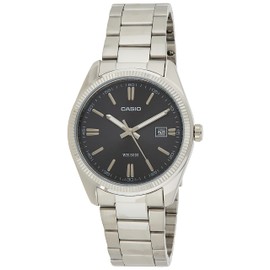 Casio - 1302D 1A1 MTP-Classic-Men's Watch Analogue Quartz Black Dial Steel Strap Grey