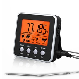 Anmete Digital Meat Thermometer Instant Read Food Thermometer With Alarm Digital Cooking Thermometer Timer 2 in 1 Backlight LCD Screen Long Probe Thermometer for Kitchen Cooking BBQ Grill Milk Candy