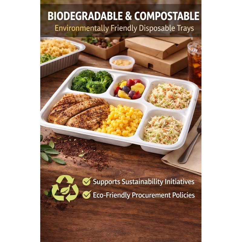 5-Compartment Bagasse Food Trays, 25 Pack, Compostable Sugarcane Fibre