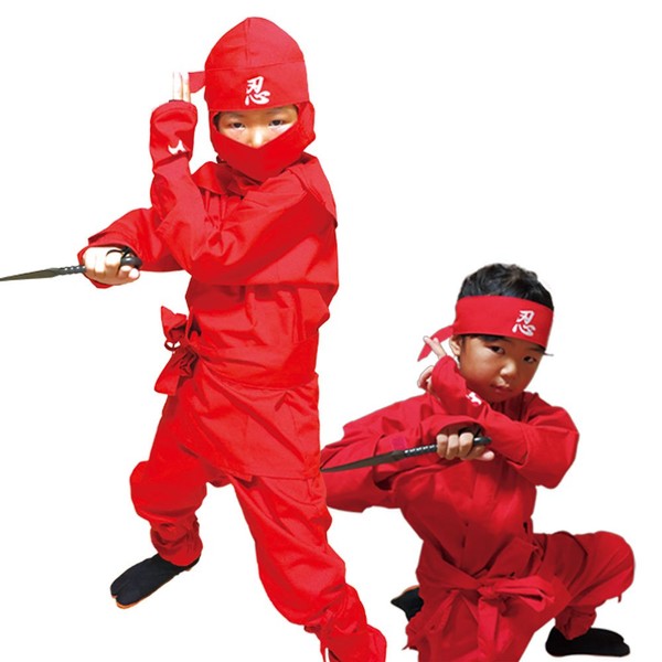 Authentic Children's Ninja Suit Set, Red Ninja, Size 3L, 55.1 - 59.1 inches (140 - 150 cm), Ninja Costume, Wrinkle Resistant, Absorbent Polyester and Cotton Blend