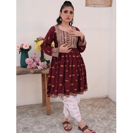 3-PC Embroidered Maroon & White Printed Dhanak Dress - Size: S