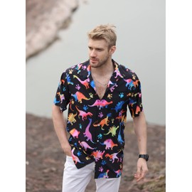 GADZILLE Mens Dinosaur Shirt Neon Dinosaur Birthday Shirt Funny Dino Button Down Hawaiian Shirt for Men Rainbow L