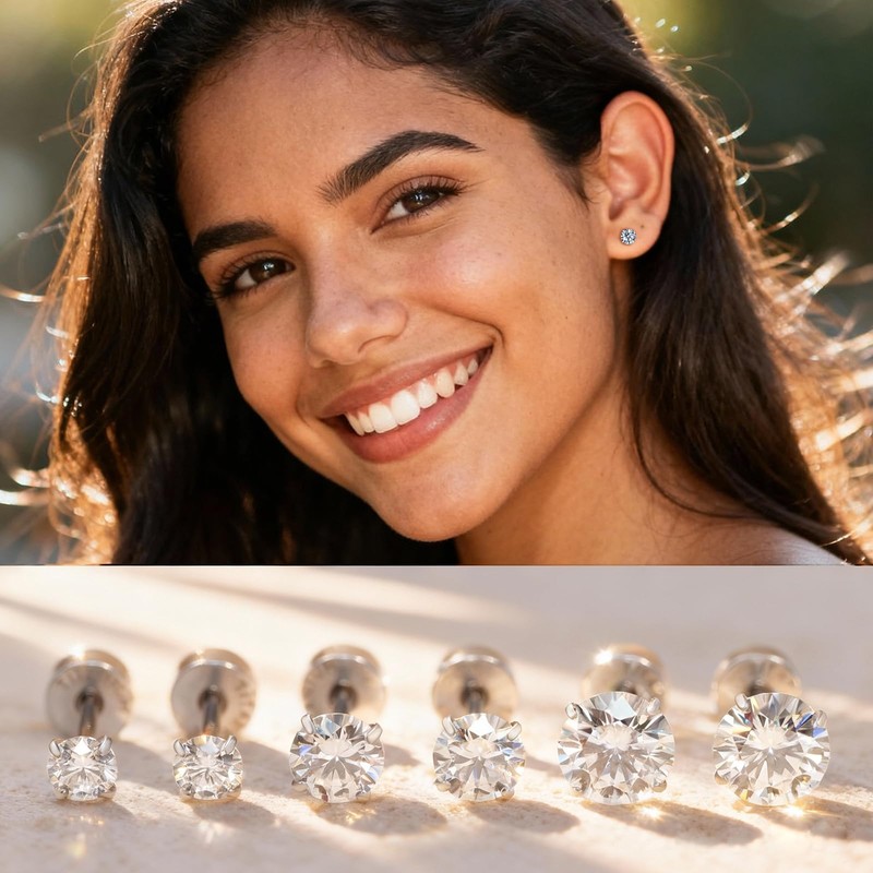 Limerencia Moissanite Stud Earrings, 3 Pairs Titanium Screw Back Earring,