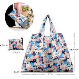 KINGMAS Reusable Grocery Bags, Eco-Friendly Folding Tote Shopping Bag fits in Pocket, Washable Waterproof Nylon Pouch Bags (2 Pack (Cat))
