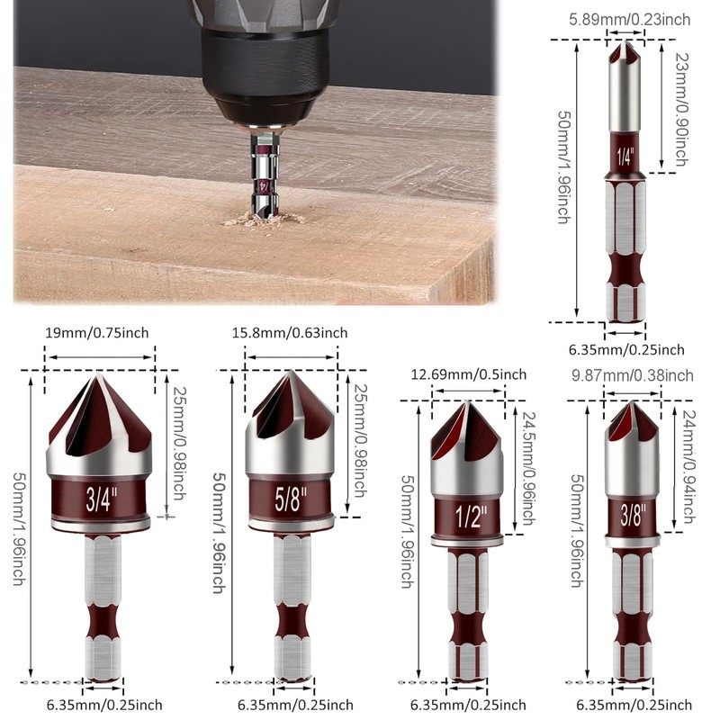 Yuentoen Countersink Drill Bit Set, Countersink 82°, HSS Countersink and