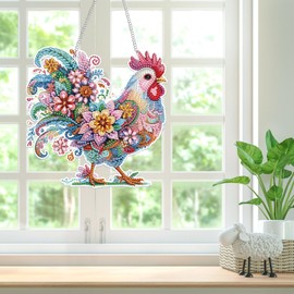 Lxmsja Chicken Diamond Art Hanging Ornaments with Chain, Special Shaped Diamond Art Painting Kits for Adults Beginners, Animals Diamond Pendant Crystal Gem Art Kits Christmas Gifts for Home Decor