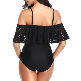 Tempt Me - Traje de baño de una pieza con hombros descubiertos y encaje para mujer, con volantes, Negro -, X-Small
