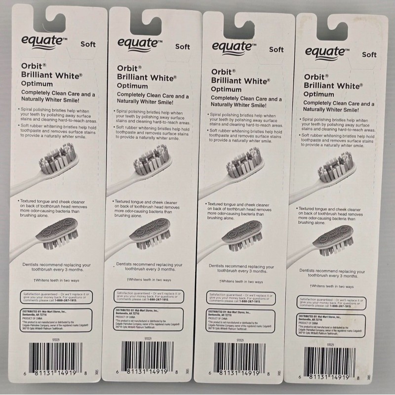Equate Orbit Brilliant White Optimum Soft Bristle Toothbrush, 4 Pack
