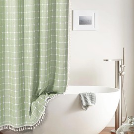 Extra Long Boho Shower Curtain Tassel Shower Curtain Set with 12 Plastic Hooks Country Farmhouse Elegant Duty Thick Cloth Shower Curtains for Bathroom Decor- Green-72x84